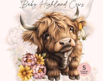 Bebé vaca de las tierras altas Clipart / Vaca de las Tierras Altas Png / Acuarela Girasol Vacas de las Tierras Altas / Linda Vaca de las Tierras Altas Png / Uso Comercial / Diario basura