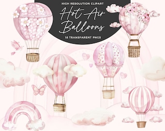 Watercolor Hot Air Balloon Clipart Pink | Pink Hot Air Balloons Png | Hot Air Balloon Graphics | Baby Shower Clipart | Nursery Decor
