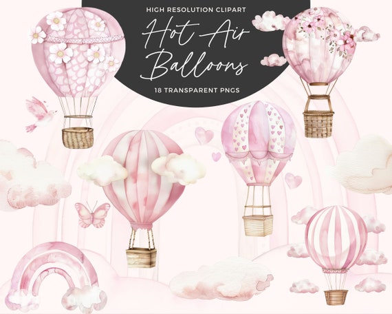 Watercolor Hot Air Balloon Clipart Pink | Pink Hot Air Balloons Png | Hot Air Balloon Graphics | Baby Shower Clipart | Nursery Decor