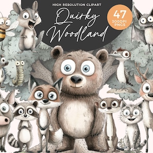 Quirky Woodland Animals Clipart | Quirky Animal | Whimsical Bear Forest Animal | Funny Fox Silly Deer Cute | Whimsy Graphics