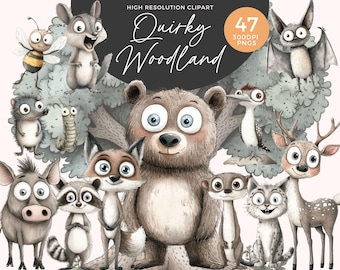 Quirky Woodland Animals Clipart | Quirky Animal | Whimsical Bear Forest Animal | Funny Fox Silly Deer Cute | Whimsy Graphics