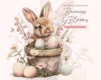 Floral Easter Bunny Watercolor Clipart | Bunnies & Blooms (Digital Download)