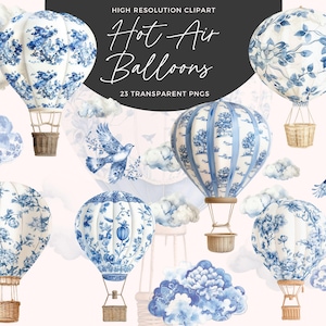 Aquarell Toile Heißluftballon Clipart | Blaue Chinoiserie-Heißluftballons | Blau Toile Clipart | Elegantes Baby Shower Decor