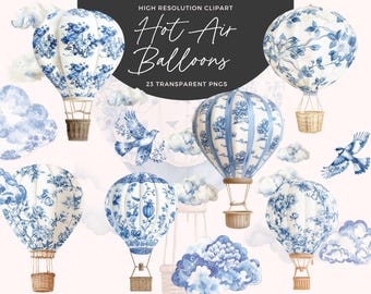 Watercolor Toile Hot Air Balloon Clipart | Blue Chinoiserie Hot Air Balloons | Blue Toile Clipart | Elegant Baby Shower Decor