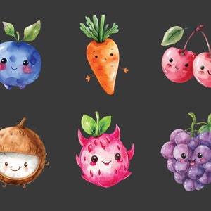 May include: Six cartoon fruits and vegetables with smiling faces. A blue blueberry, an orange carrot, two red cherries, a brown coconut, and a pink dragon fruit. A purple bunch of grapes.