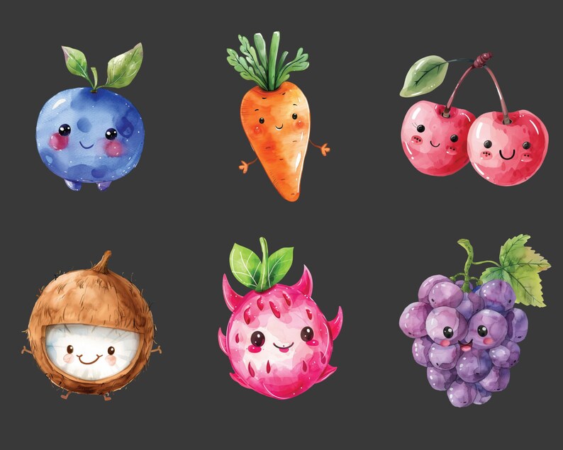 May include: Six cartoon fruits and vegetables with smiling faces. A blue blueberry, an orange carrot, two red cherries, a brown coconut, and a pink dragon fruit. A purple bunch of grapes.