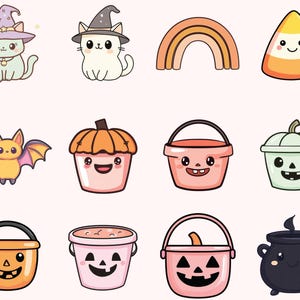 May include: A set of 10 Halloween-themed cartoon illustrations featuring a witch cat, a rainbow, a candy corn, a bat, a pumpkin bucket, a bucket with a pumpkin face, a cauldron, a bucket with a candy corn, a pumpkin bucket with a candy corn, and a pumpkin bucket with a ghost face.