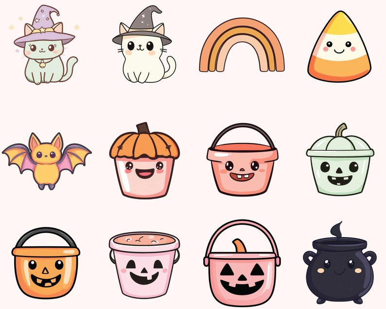 May include: A set of 10 Halloween-themed cartoon illustrations featuring a witch cat, a rainbow, a candy corn, a bat, a pumpkin bucket, a bucket with a pumpkin face, a cauldron, a bucket with a candy corn, a pumpkin bucket with a candy corn, and a pumpkin bucket with a ghost face.