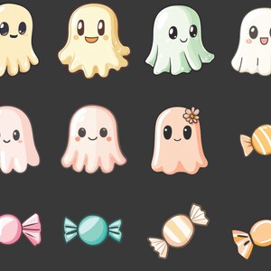 May include: Ten cartoon ghosts in various colors, including white, yellow, pink, and green. Some ghosts have flowers on their heads. There are also five candy pieces in the image, including pink, blue, and orange.