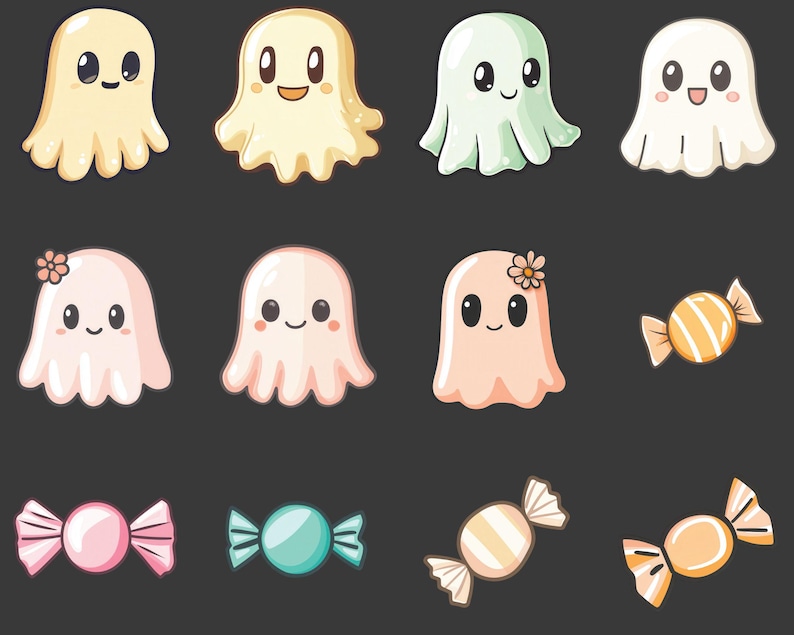 May include: Ten cartoon ghosts in various colors, including white, yellow, pink, and green. Some ghosts have flowers on their heads. There are also five candy pieces in the image, including pink, blue, and orange.