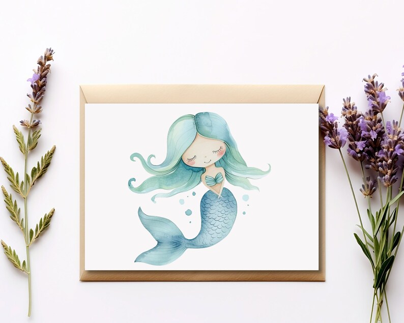 May include: A watercolor illustration of a mermaid with long blue hair and a blue tail. She has closed eyes and a sweet expression. The mermaid is surrounded by small blue bubbles.