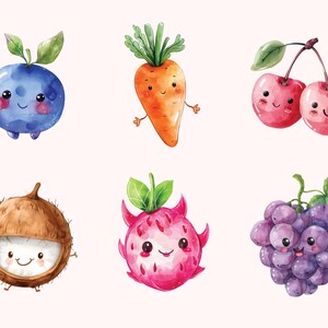 May include: Watercolor illustration of six different fruits and vegetables with cartoon faces. The fruits and vegetables are a blueberry, carrot, two cherries, a coconut, a dragon fruit, and a bunch of grapes.