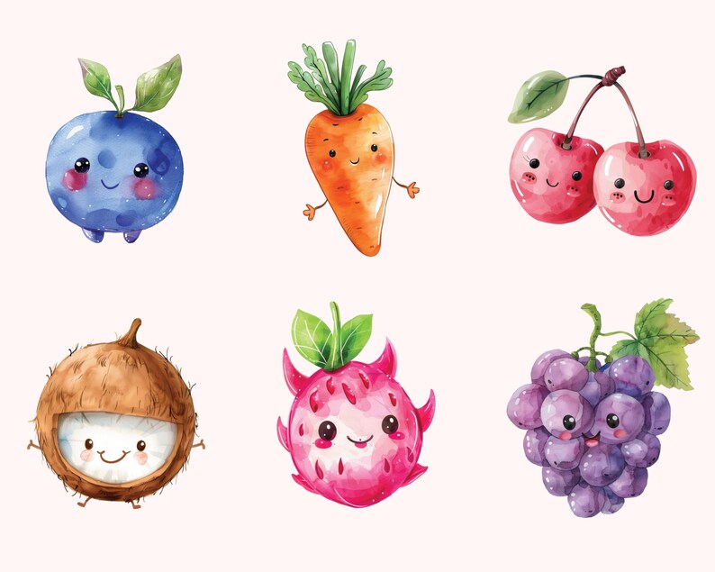 May include: Watercolor illustration of six different fruits and vegetables with cartoon faces. The fruits and vegetables are a blueberry, carrot, two cherries, a coconut, a dragon fruit, and a bunch of grapes.