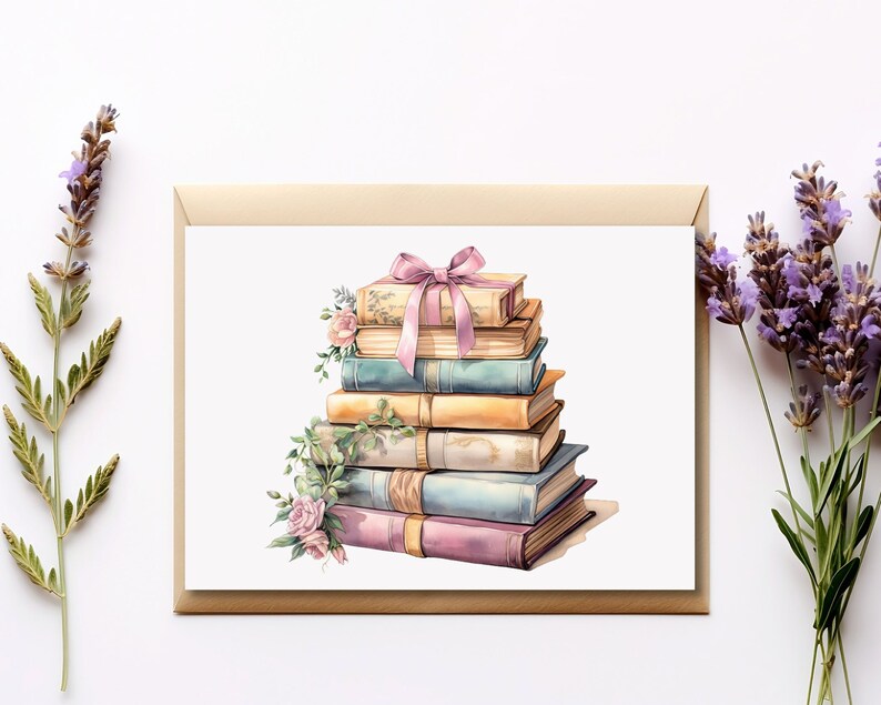 Op de afbeelding: Een stapel vintage boeken gebonden met een roze lint en versierd met bloemen. De boeken zijn in verschillende tinten blauw, geel en roze.