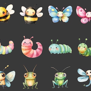May include: A set of ten colorful cartoon insect illustrations, including bees, butterflies, caterpillars, a dragonfly, and a grasshopper. The insects are drawn in a whimsical style with bright colors and friendly faces.