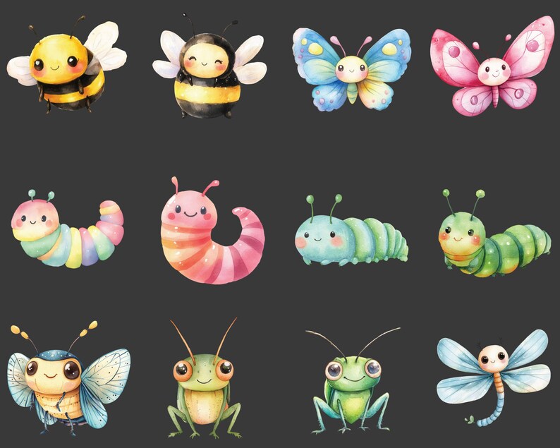 May include: A set of ten colorful cartoon insect illustrations, including bees, butterflies, caterpillars, a dragonfly, and a grasshopper. The insects are drawn in a whimsical style with bright colors and friendly faces.