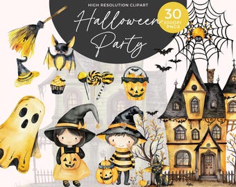 Akwarela Halloweenowa Klipart | Straszny żółty, czarny kot (PNG)