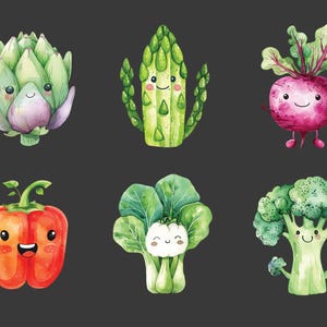 Puede incluir: Seis verduras de dibujos animados con caras sonrientes. Una alcachofa verde, esp&aacute;rragos verdes, una remolacha rosa, un pimiento rojo, un bok choy verde y un br&oacute;coli verde.