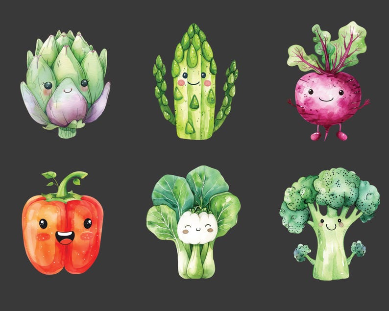 Puede incluir: Seis verduras de dibujos animados con caras sonrientes. Una alcachofa verde, esp&aacute;rragos verdes, una remolacha rosa, un pimiento rojo, un bok choy verde y un br&oacute;coli verde.