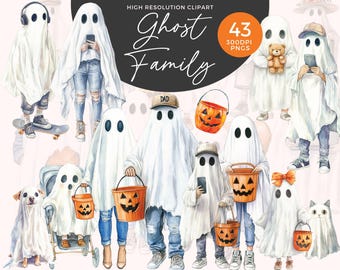Halloween Ghost Family Clipart | Family Halloween PNG | Halloween Family Portrait | Watercolor Halloween Clipart | Spooky Clipart