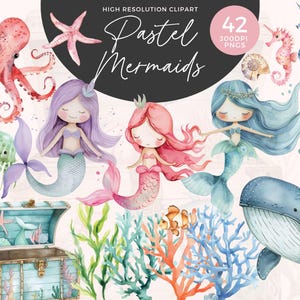 Clipart sirène aquarelle pastel | Graphiques pastel de sirène | Clipart de sirène mignonne | Sous la mer PNG | Journaux indésirables | Créations numériques en papier