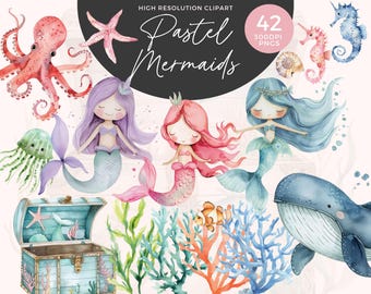 Watercolor Mermaid Clipart Pastel | Pastel Mermaid Graphics | Cute Mermaid Clipart | Under the Sea PNG | Junk Journals | Digital Paper Craft
