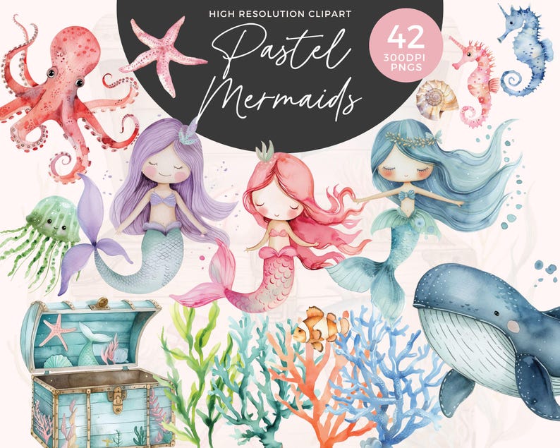 May include: A set of 42 watercolor illustrations featuring pastel mermaids, sea creatures, and ocean-themed elements. The illustrations include a pink octopus, a starfish, a blue whale, a treasure chest, coral, and jellyfish.