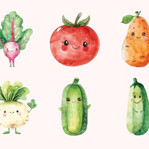 Puede incluir: Ilustraci&oacute;n de acuarela de seis verduras de dibujos animados con caras felices. Las verduras son un tomate rojo, un calabac&iacute;n verde, un pepino verde, un nabo blanco, un r&aacute;bano morado y una pera marr&oacute;n.