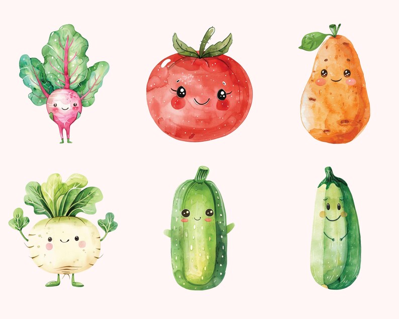 Puede incluir: Ilustraci&oacute;n de acuarela de seis verduras de dibujos animados con caras felices. Las verduras son un tomate rojo, un calabac&iacute;n verde, un pepino verde, un nabo blanco, un r&aacute;bano morado y una pera marr&oacute;n.