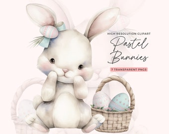 Clipart de coelhinho da Páscoa em tons pastel aquarela | Pacote de PNGs de primavera