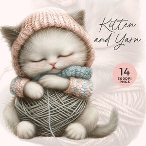 Lot de cliparts chaton mignon et laine | Clipart chaton aquarelle | Clipart chats aquarelle | Illustrations de chatons | Chats mignons | Journal indésirable