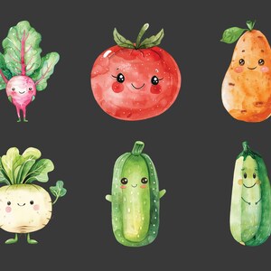 Puede incluir: Un conjunto de seis ilustraciones de acuarela de diferentes verduras con caras de dibujos animados. Las verduras incluyen un tomate rojo, un calabac&iacute;n verde, un pepino verde, un nabo blanco, una remolacha rosa y una pera marr&oacute;n.