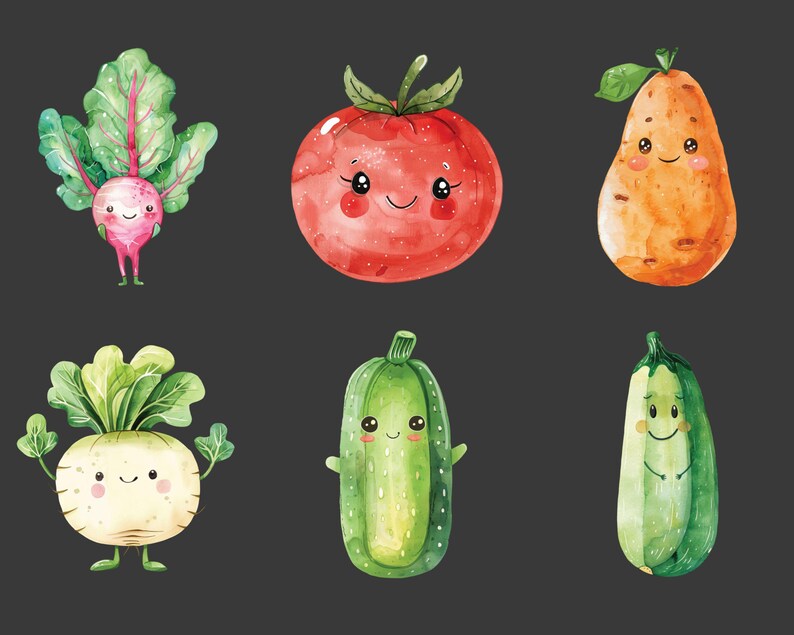 Puede incluir: Un conjunto de seis ilustraciones de acuarela de diferentes verduras con caras de dibujos animados. Las verduras incluyen un tomate rojo, un calabac&iacute;n verde, un pepino verde, un nabo blanco, una remolacha rosa y una pera marr&oacute;n.