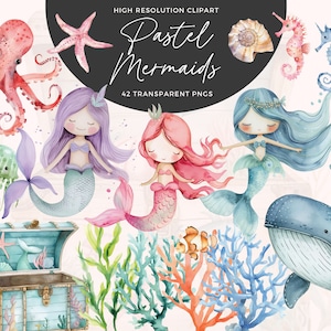 Watercolor Mermaid Clipart Pastel | Pastel Mermaid Graphics | Cute Mermaid Clipart | Under the Sea PNG | Junk Journals | Digital Paper Craft