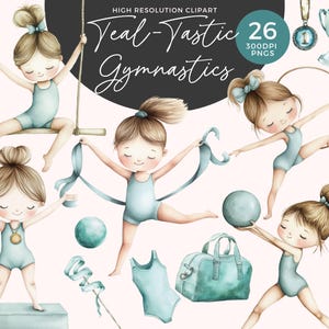 Imágenes prediseñadas de niñas gimnastas / Gráficos de acrobacia / Gimnasia en acuarela / Gimnasia rítmica / Gimnasta / Viga de equilibrio con cinta