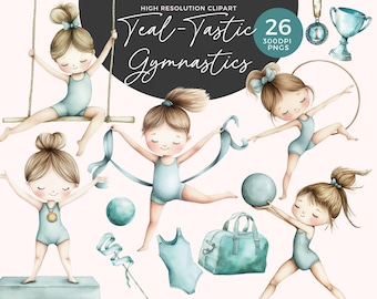 May include: Teal-Tastic Gymnastics is a set of 26 digital illustrations featuring watercolor-style drawings of girls doing gymnastics. The illustrations include a girl on a swing, a girl with a ribbon, a girl with a ball, a girl with a hoop, a girl with a gym bag, and a girl with a leotard. The illustrations are perfect for creating invitations, cards, scrapbook pages, and other craft projects.