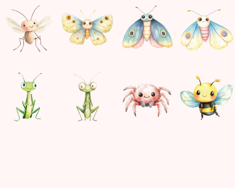 May include: A set of eight watercolor illustrations of various insects, including butterflies, bees, ladybugs, and mantises. The illustrations are all in a cartoon style and feature bright colors.