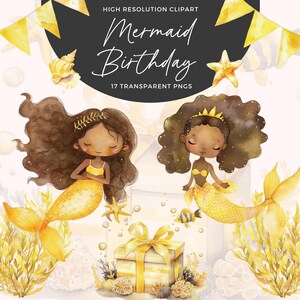 African American Mermaid Clipart | Cute Mermaid Clipart | Mermaid Birthday Clipart | Little Mermaid Birthday PNG | Mermaid Birthday Invite