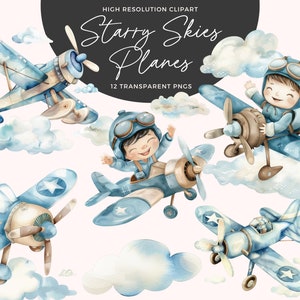 Flugzeuge Aquarell Clipart | Babyparty für einen Jungen | Babyparty Clipart | Erster Geburtstag Clipart | Kinderzimmer Dekor | Jungenzimmer Dekor