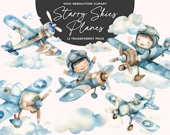 Airplanes Watercolour Clipart | Baby Shower For A Boy | Baby Shower Clipart | First Birthday Clipart | Nursery Décor | Boys Room Décor