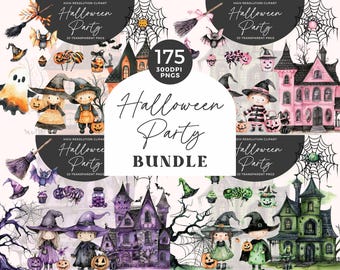 Uroczy pakiet Halloween Clipart | Akwarela Halloween Clipart | Różowy Upiorny Clipart | Czarny Kot PNG | Cukierek albo psikus | Dekoracja na imprezę Halloween