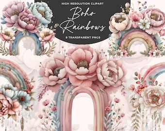 Watercolor Boho Rainbow Clipart | Nursery PNG Images (Digital Download)