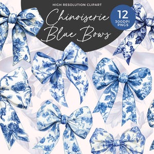Fiocchi cinesi blu e bianchi Clipart / Motivi floreali vintage / Clipart toile blu / Coquette Blue Willow / Chinoiserie alla moda PNG