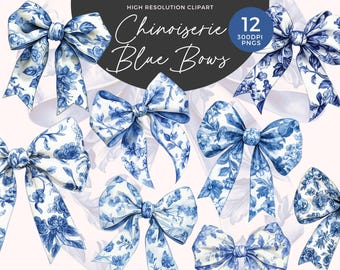 Blue And White Chinoiserie Bows Clipart | Vintage Floral Patterns | Blue Toile Clipart | Coquette Blue Willow | Trendy Chinoiserie PNG