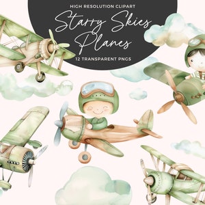 Vliegtuigen aquarel clipart | Babyshower voor een jongen | Clipart babyshower | Clipart eerste verjaardag | Kinderkamerdecoratie | Kamerdecoratie jongens