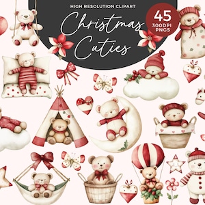 Clipart ours de Noël | Pack Premier Noël pour bébé | Ours en peluche endormis | Joli lot d'ours en peluche aquarelle | Décoration de chambre de bébé