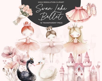 Watercolor Swan Lake Clipart | Ballerina Clipart | Ballet PNG | Swan Clipart | Pink Ballerina Clipart | Junk Journals | Digital Paper Craft