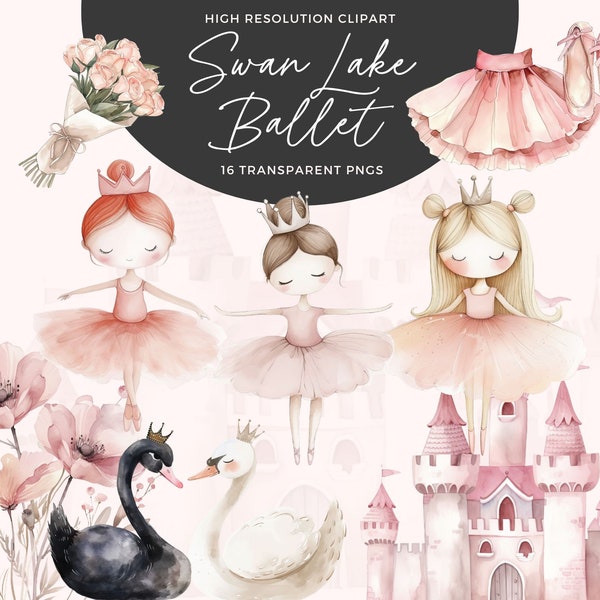 Watercolor Swan Lake Clipart | Ballerina Clipart | Ballet PNG | Swan Clipart | Pink Ballerina Clipart | Junk Journals | Digital Paper Craft