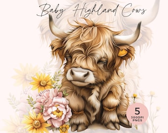 Bebé vaca de las tierras altas Clipart / Vaca de las Tierras Altas Png / Acuarela Girasol Vacas de las Tierras Altas / Linda Vaca de las Tierras Altas Png / Uso Comercial / Diario basura
