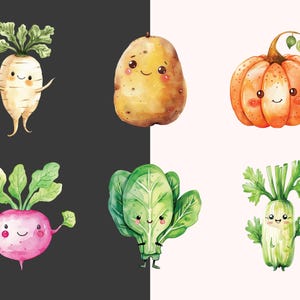 Puede incluir: Ilustraci&oacute;n de acuarela de seis verduras diferentes con caras de dibujos animados. Las verduras son un nabo blanco, una patata amarilla, una calabaza naranja, un r&aacute;bano rosado, espinacas verdes y apio verde.